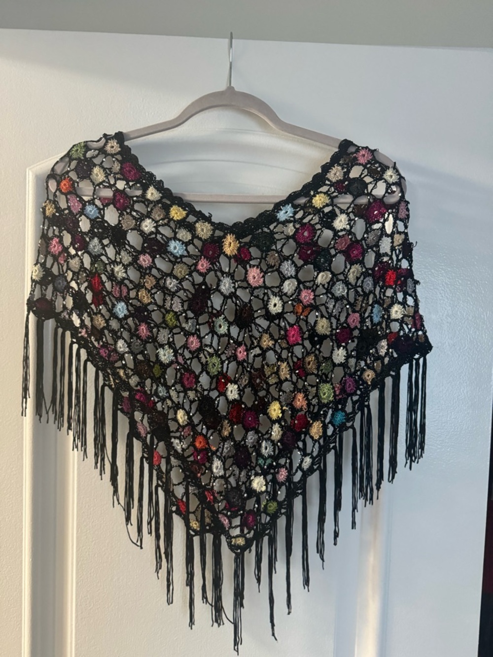 Black Crochet Fringe Multi-Color Flower Festival  Poncho